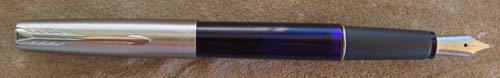 PARKER FRONTIER FOUNTAIN PEN IN TRANSLUCENT BLUE W/ BRUSHED STAINLESS CAP